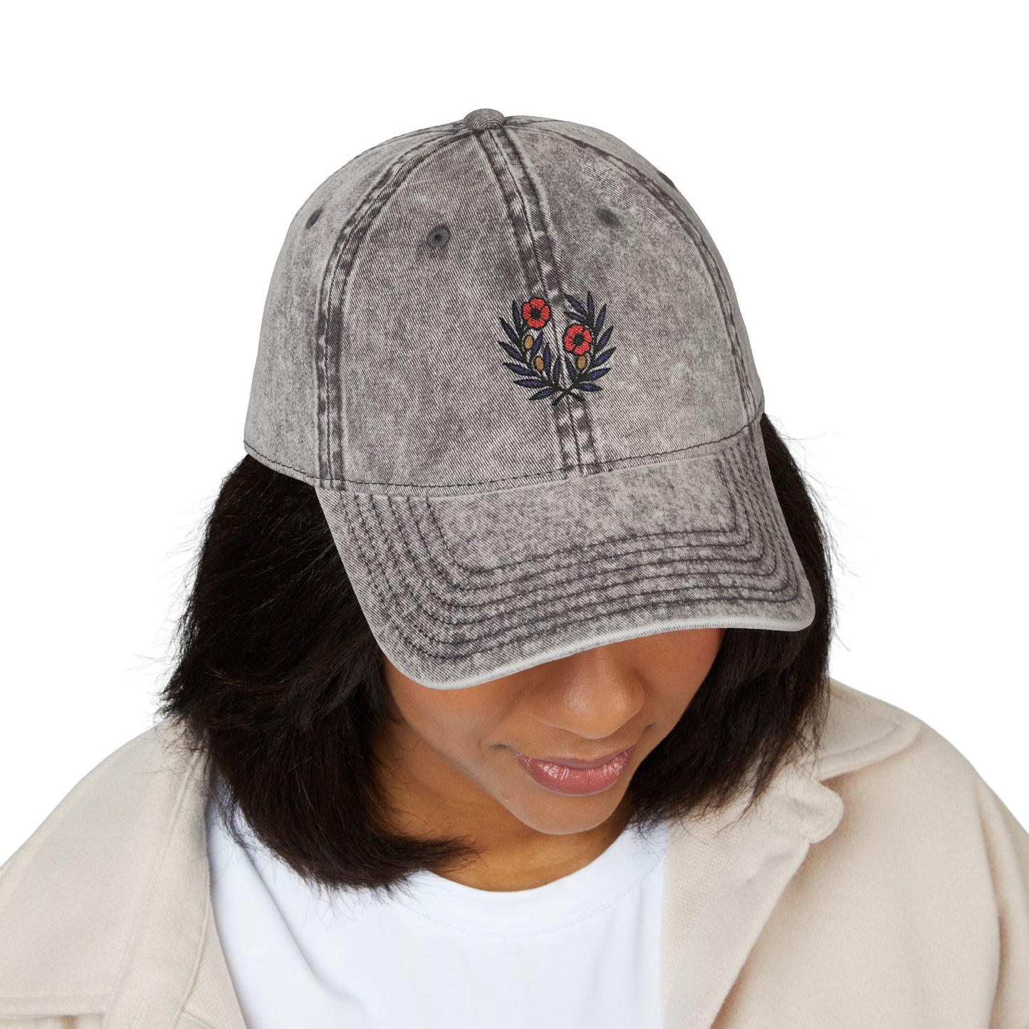 Vintage Embroidered Cap, Olive Branches and Poppy Flowers