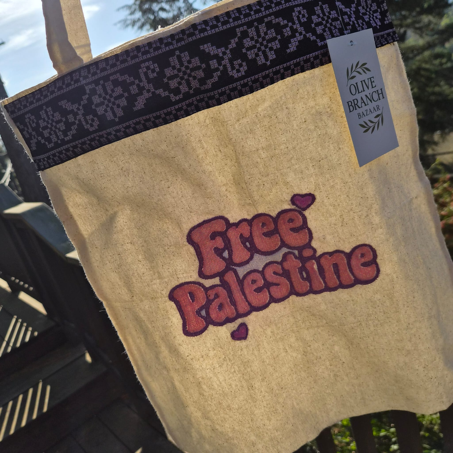 Handmade - Canvas Tote Bag - Pink and Purple Free Palestine Embroidery and Purple Tatreez