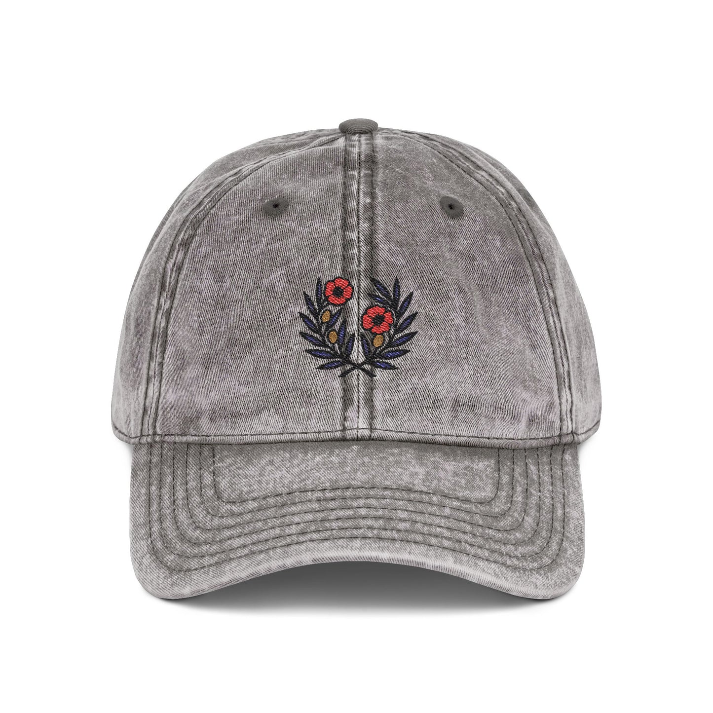 Vintage Embroidered Cap, Olive Branches and Poppy Flowers