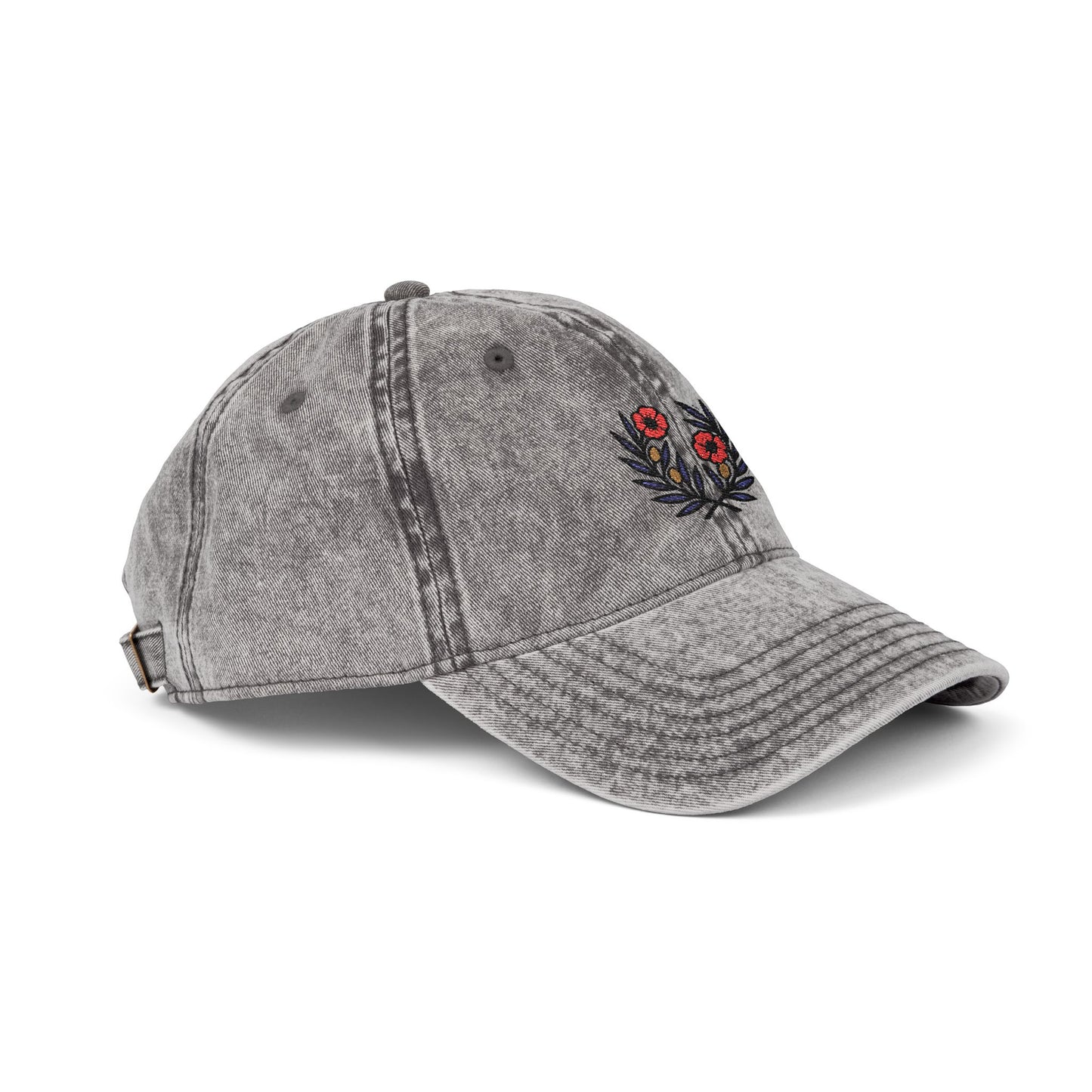 Vintage Embroidered Cap, Olive Branches and Poppy Flowers