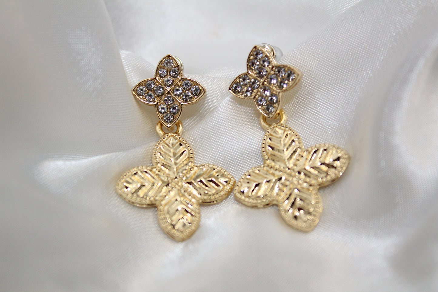 18K Gold-Plated Floral Drop Earrings with Crystal Accents