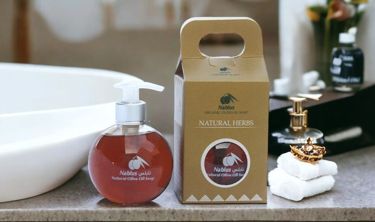 natural herbs liquid soap Nablus Soap Company skin care olive oil
