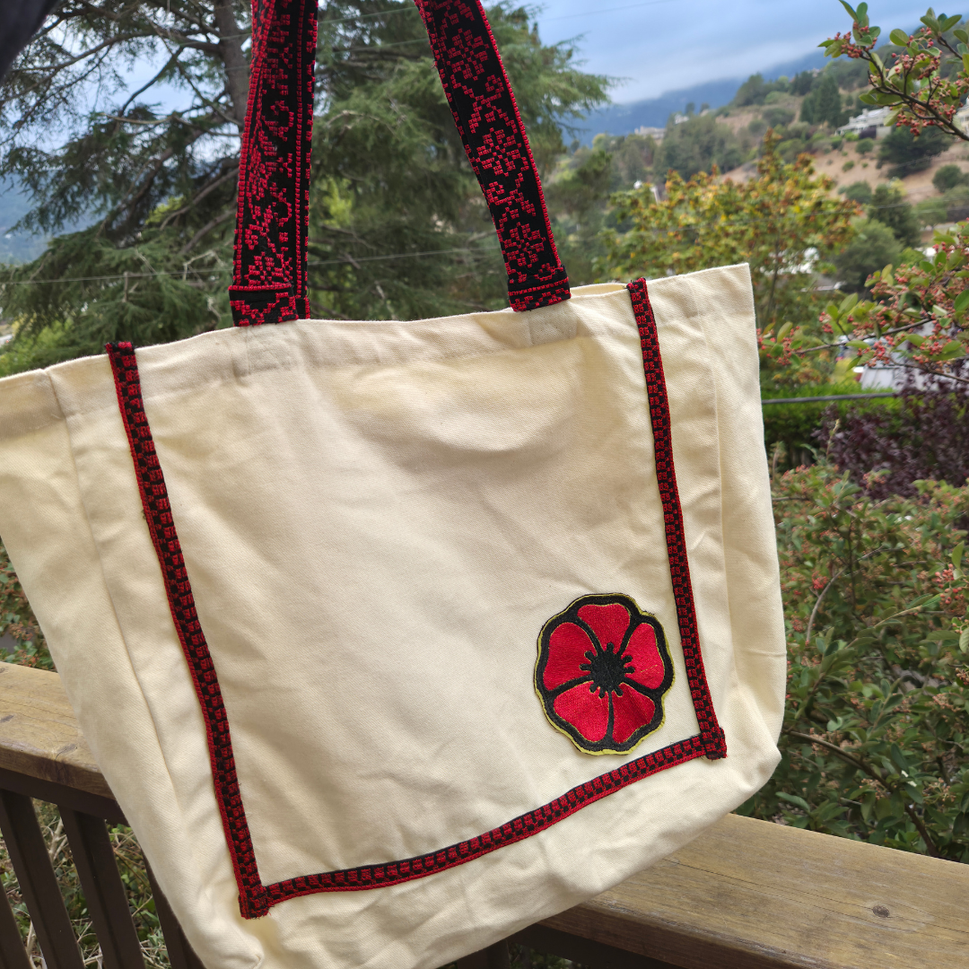 Embroidered Poppy Flower Bag with Tatreez Handle & Detailing