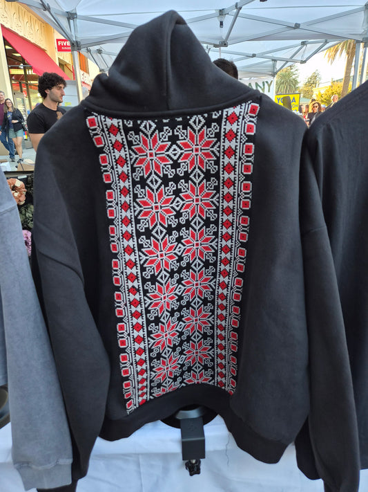 Fleeced Full-Zip Boxy Hoodie - Tatreez Panel