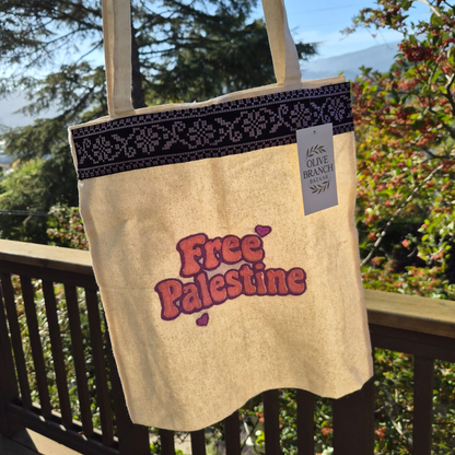 Handmade - Canvas Tote Bag - Pink and Purple Free Palestine Embroidery and Purple Tatreez