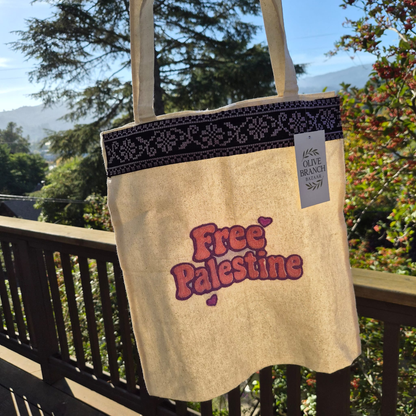 Handmade - Canvas Tote Bag - Pink and Purple Free Palestine Embroidery and Purple Tatreez