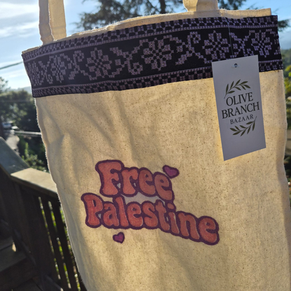 Handmade - Canvas Tote Bag - Pink and Purple Free Palestine Embroidery and Purple Tatreez