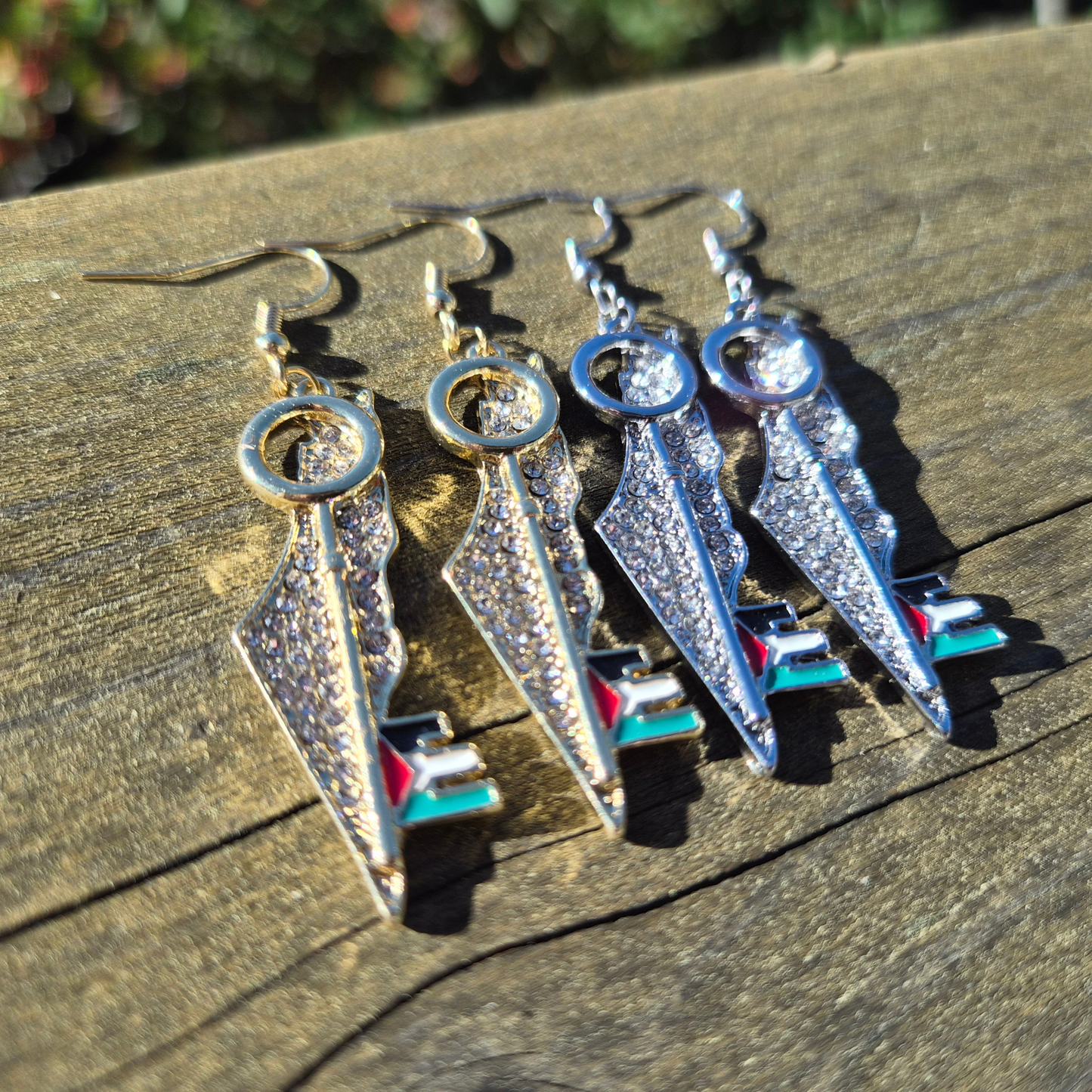 Gold / Silver Rhinestone Palestine Map & Key Earrings