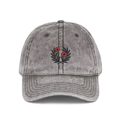 Vintage Embroidered Cap, Olive Branches and Poppy Flowers