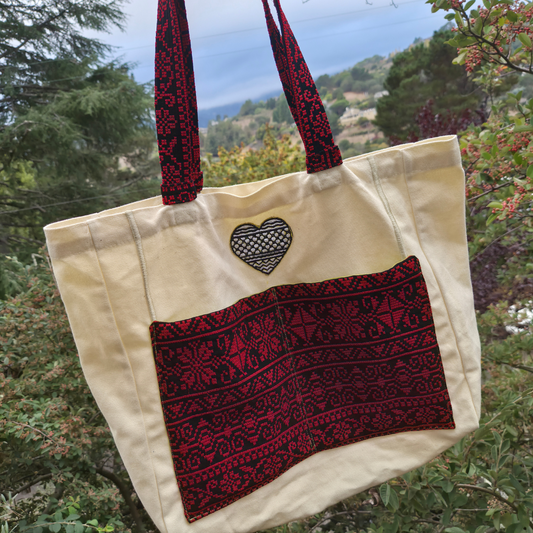 Handmade Kufiya Heart Embrodiered Bag with Tatreez Handle - Double Pocket
