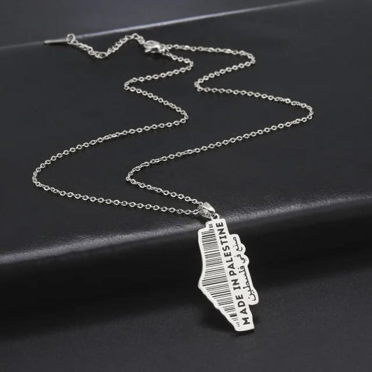 Silver Stainless Steel Made in Palestine Bar Code Necklace