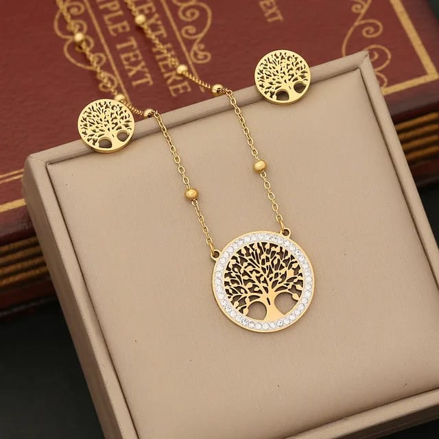 18k gold plated necklace and stud earring set olive tree design