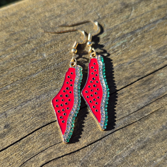 Watermelon Palestine Map Earrings – Rhinestone Detail