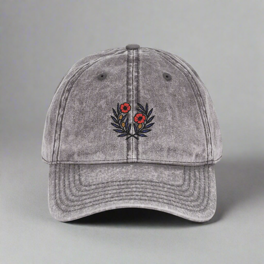 Vintage Embroidered Cap, Olive Branches and Poppy Flowers