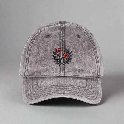 Vintage Embroidered Cap, Olive Branches and Poppy Flowers