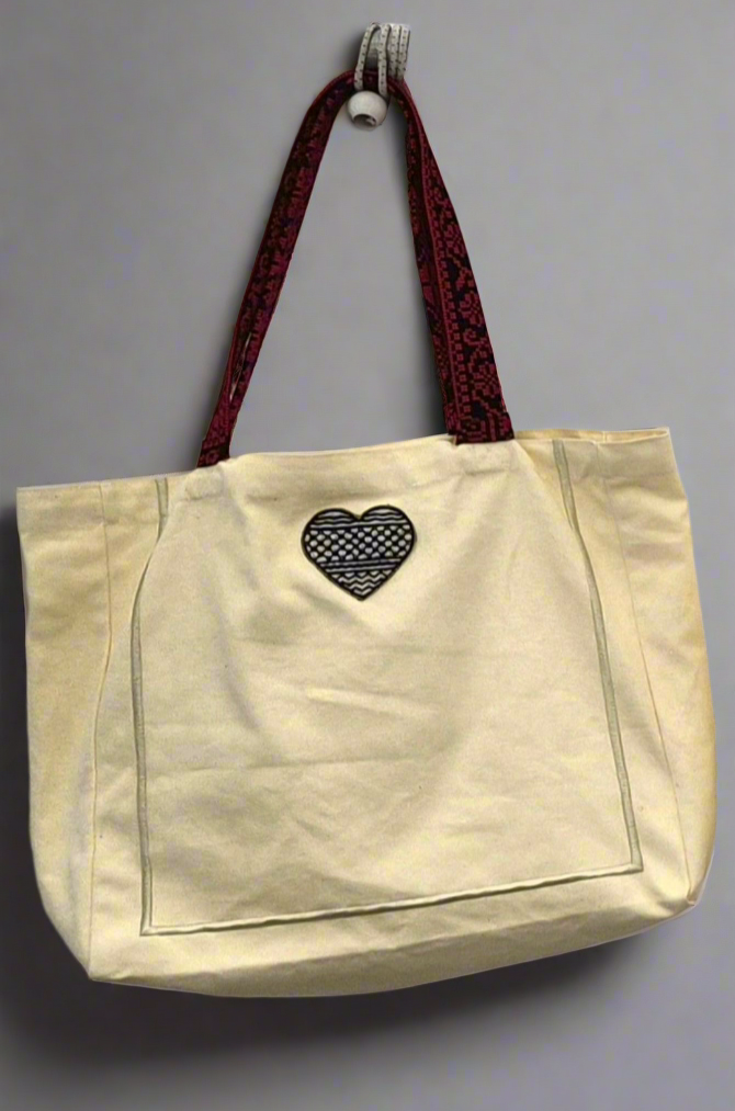 Handmade Kufiya Heart Embrodiered Bag with Tatreez Handle