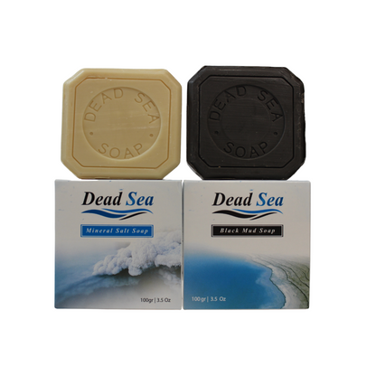 dead sea mud and dead sea salt and olive oil soap bars standing on top of their packaging made by nablus soap company