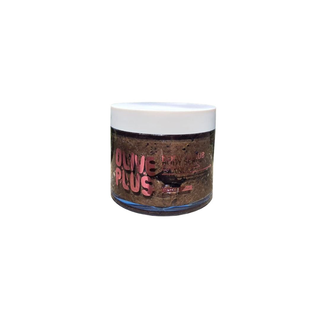 Olive Plus natural body scrub granules with sugar crystals and finely milled coffee for smooth radiant skin handcrafted in Palestine