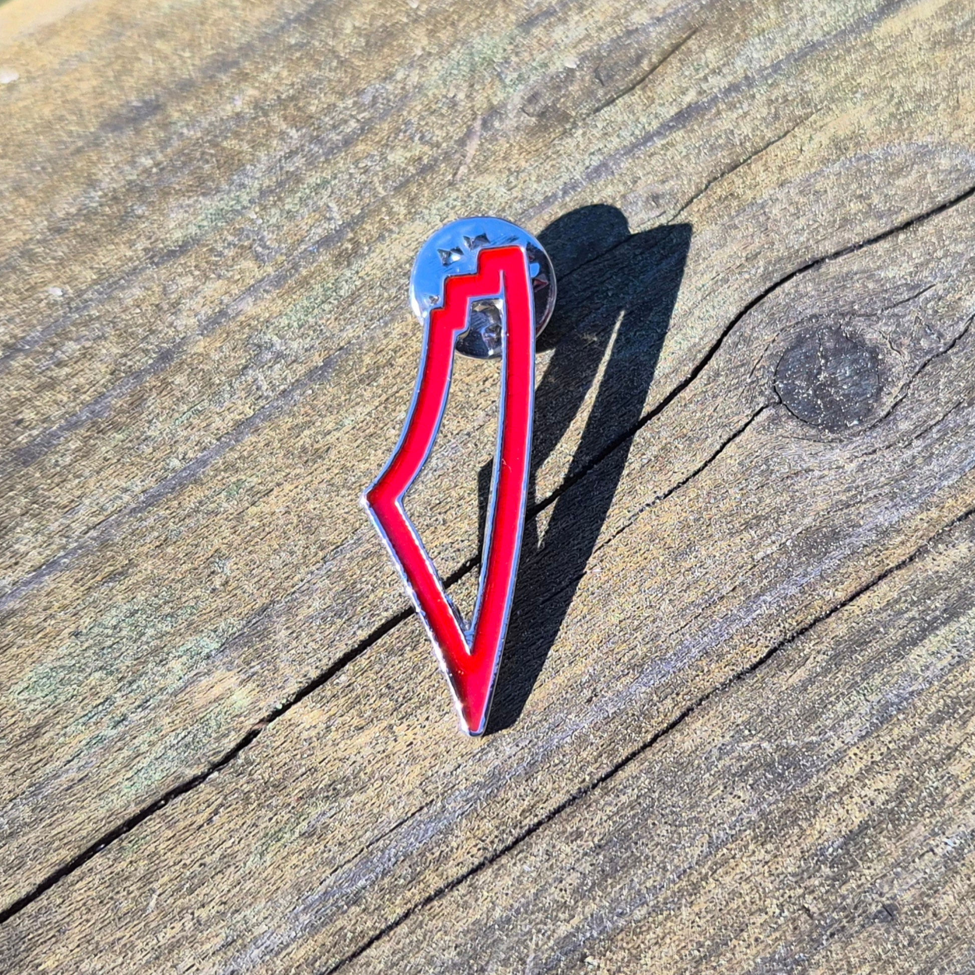palestine map outline red enamel pin on wooden background