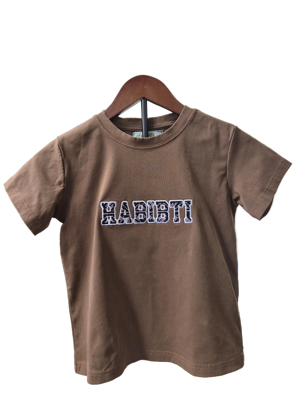 A brown short-sleeve crewneck t-shirt hanging on a wooden hanger, featuring the word 'HABIBtI' printed across the chest in a white and purple patterned font. The shirt is photographed in a casual indoor setting with a textured off-white wall behind it.